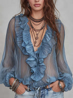 Boho Ruffle Trim V Neck Sheer Pleated Chiffon Long Bubble Sleeve Drawstring Hem Blouse