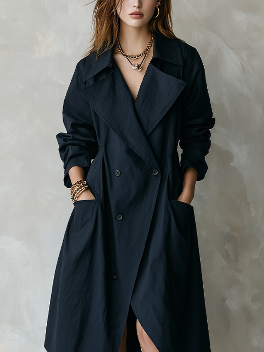 Bohemian Navy Blue Double-breasted Trench Coat
