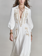 Bohemian White Linen Embroidered Maxi Dress