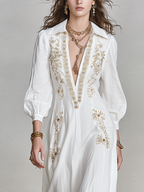 Bohemian White Linen Embroidered Maxi Dress