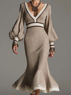 Vintage Elegant V Neck Balloon Long Sleeve Striped Ribbed Knit Mermaid Midi Dress