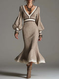 Vintage Elegant V Neck Balloon Long Sleeve Striped Ribbed Knit Mermaid Midi Dress