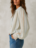 Striped Lace Trim Long Sleeve Boho Blouse Top