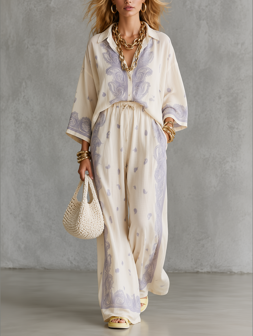 Resort Bohemian Paisley Shirt & Wide Leg Pants Set