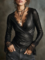 Women's V-Neck Faux Leather Wrap Top with Lace Trim