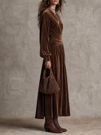Boho Velvet V-Neck Wrap Waist Long Sleeve Maxi Dress