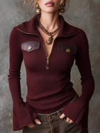 Boho Flared Cuffs Knit Sweater With Chest Pockets