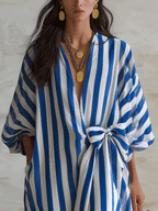 Chic Cotton Striped Wrap-Tie Loose Blue & White Kaftan Maxi Dress