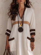 Effortless Cotton-Linen V-Neck Ivory & Brown Kaftan Maxi Dress