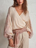 Elegant Beige Wrap Print Blouse