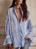 Chic Vertical-Stripe Crochet-Panel Blue Blouse