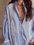 Chic Vertical-Stripe Crochet-Panel Blue Blouse