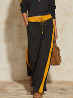 Sporty Chic Cotton Half-Zip Contrast-Stripe Black & Mustard Two-Piece Set