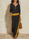 Sporty Chic Cotton Half-Zip Contrast-Stripe Black & Mustard Two-Piece Set