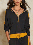 Sporty Chic Cotton Half-Zip Contrast-Stripe Black & Mustard Two-Piece Set