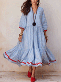 Nautical Chic Textured Cotton V-Neck Ruffle-Tiered Blue & White Midi Dress