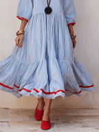 Nautical Chic Textured Cotton V-Neck Ruffle-Tiered Blue & White Midi Dress