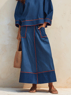 Modern Minimal Cotton-Denim Red-Topstitch Boxy Indigo Skirt Set