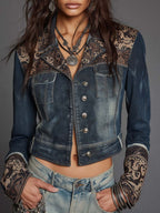 Vintage Lapel Long Sleeve Floral Jacquard Spliced Washed Denim Cropped Jacket