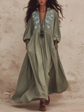 Vintage Textured Cotton Embroidered-Yoke Flowy Maxi Dress