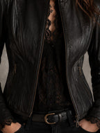 Retro Black Stand Collar Zipper Cropped Faux Leather Coat