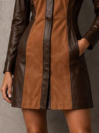 Vintage Brown Patchwork Faux Leather Suede Shirt Mini Dress