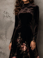 Elegant Floral Velvet Lace Hem Stand Collar Flare MaxiDress