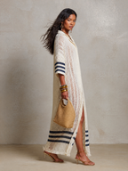 Nautical Chic Hollow-Knit Off-White Striped Knit Maxi Dress