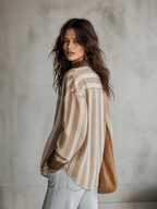 Modern Coastal Linen-Blend Striped Khaki Blouse