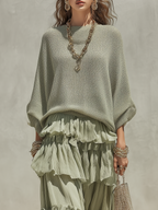 Bohemian Sage Green Sweater And Ruffled Skirt Set