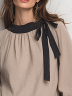 Refined Sand Bow-Neck Blouse