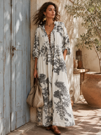 Elegant Ivory Botanical Print Maxi Dress