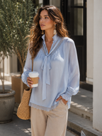 Graceful Sky Blue Tie-Neck Lace Trim Blouse