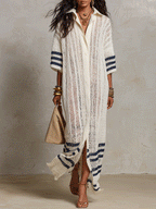 Nautical Chic Hollow-Knit Off-White Striped Knit Maxi Dress