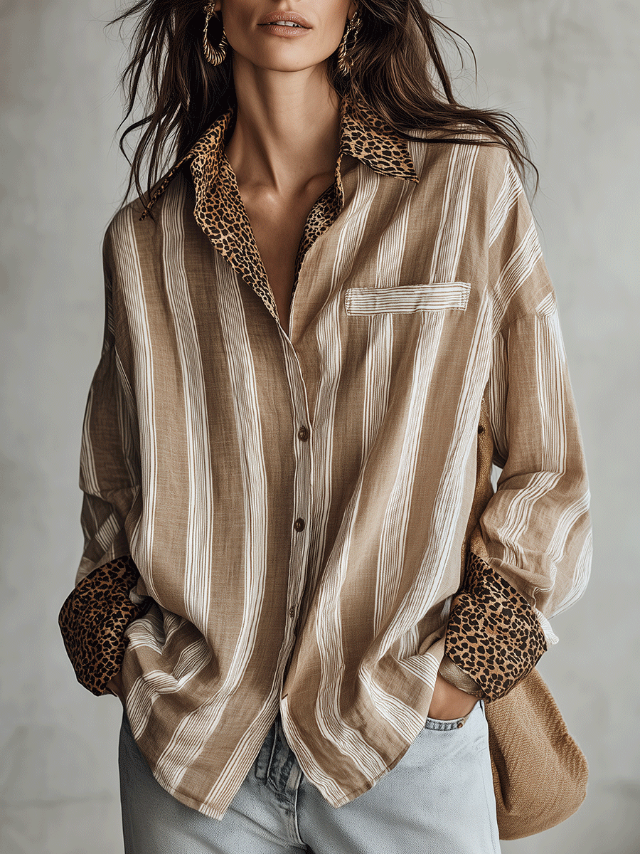 Modern Coastal Linen-Blend Striped Khaki Blouse
