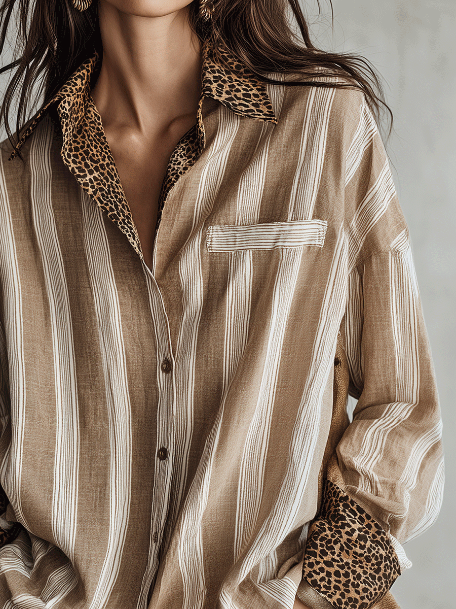 Modern Coastal Linen-Blend Striped Khaki Blouse