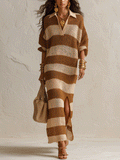 Chic Hollow-Knit Tan & Cream Striped Knit Maxi Dress