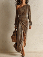 One-Shoulder Long Sleeve Leopard Print Ruched Maxi Dress