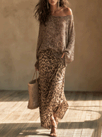 Effortless Chic Open-Knit Off-Shoulder Sweater & Leopard-Satin Brown Two-Piece Set