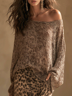 Effortless Chic Open-Knit Off-Shoulder Sweater & Leopard-Satin Brown Two-Piece Set