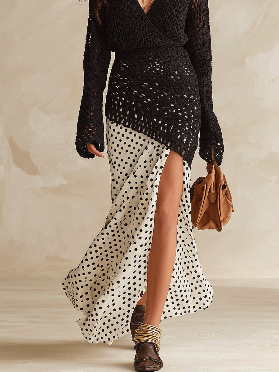 Statement Crochet-Knit Wrap Top & Polka-Dot Satin Black Two-Piece Set