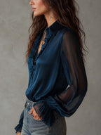 Vintage Tencel Blend Ruffle Collar Sheer Long-Sleeve Shirt