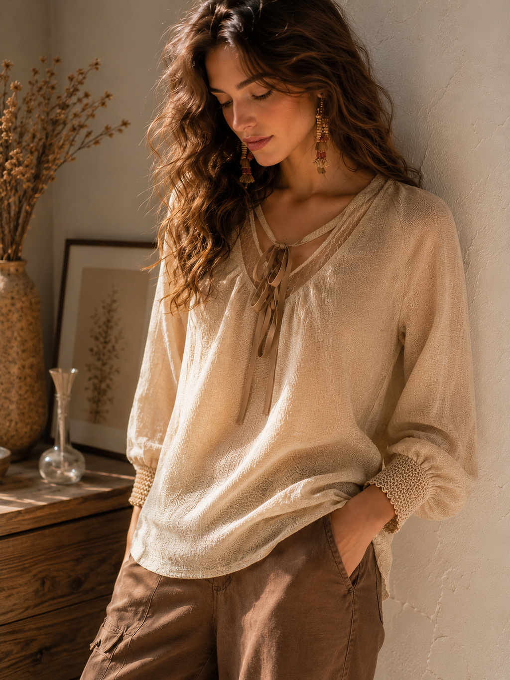 Elegant Oatmeal Tie-Neck Textured Blouse