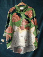 Vintage Lovely Cat Strawberry Art Print Casual Cotton And Linen Shirt