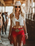 Western Red Fringe Suede Shorts