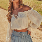 Western Spring Outfits Cotton Linen Off-Shoulder Crop Top With Ruffle Sleeve And Tie Front Detail