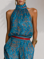 Retro-chic Leopard Print Chiffon Top And Wide-leg Pants Set