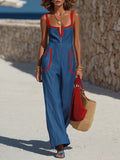 Chic Resort Red Trim Blue Cotton-linen Wide-leg Jumpsuit