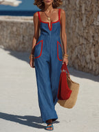 Chic Resort Red Trim Blue Cotton-linen Wide-leg Jumpsuit