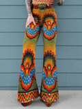 Damen-Bootcut-Hose mit Blumendruck, mittlerer Leibhöhe und Knopfsaum (ohne Gürtel)